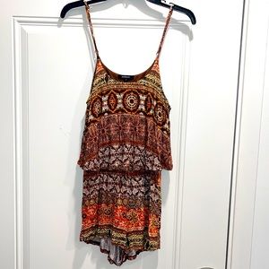Brown orange and cream bohemian printed romper. Cotton with adjustable straps
